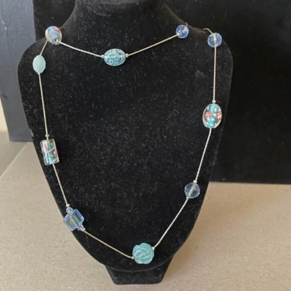 42" Lamp work, Glass and Crystal Station Beads on a Silver Chain - Picture 3 of 7